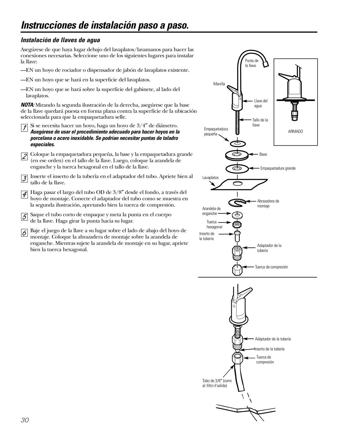 GE 215C1044P010-3 owner manual Instrucciones de instalación paso a paso, Instalación de llaves de agua 