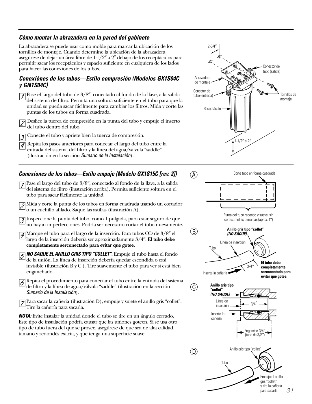 GE 215C1044P010-3 owner manual Cómo montar la abrazadera en la pared del gabinete, GN1S04C 