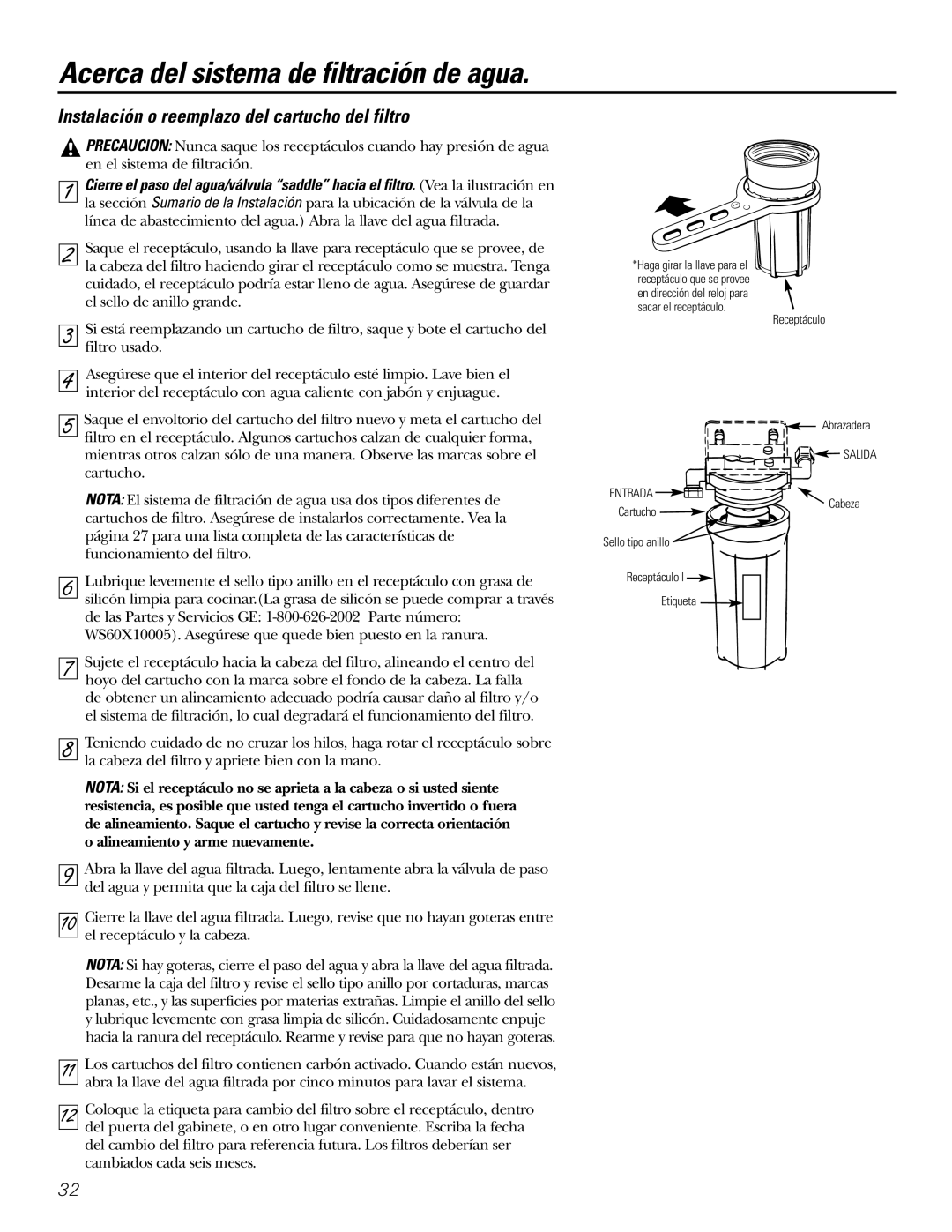 GE 215C1044P010-3 owner manual Instalación o reemplazo del cartucho del filtro, Alineamiento y arme nuevamente 