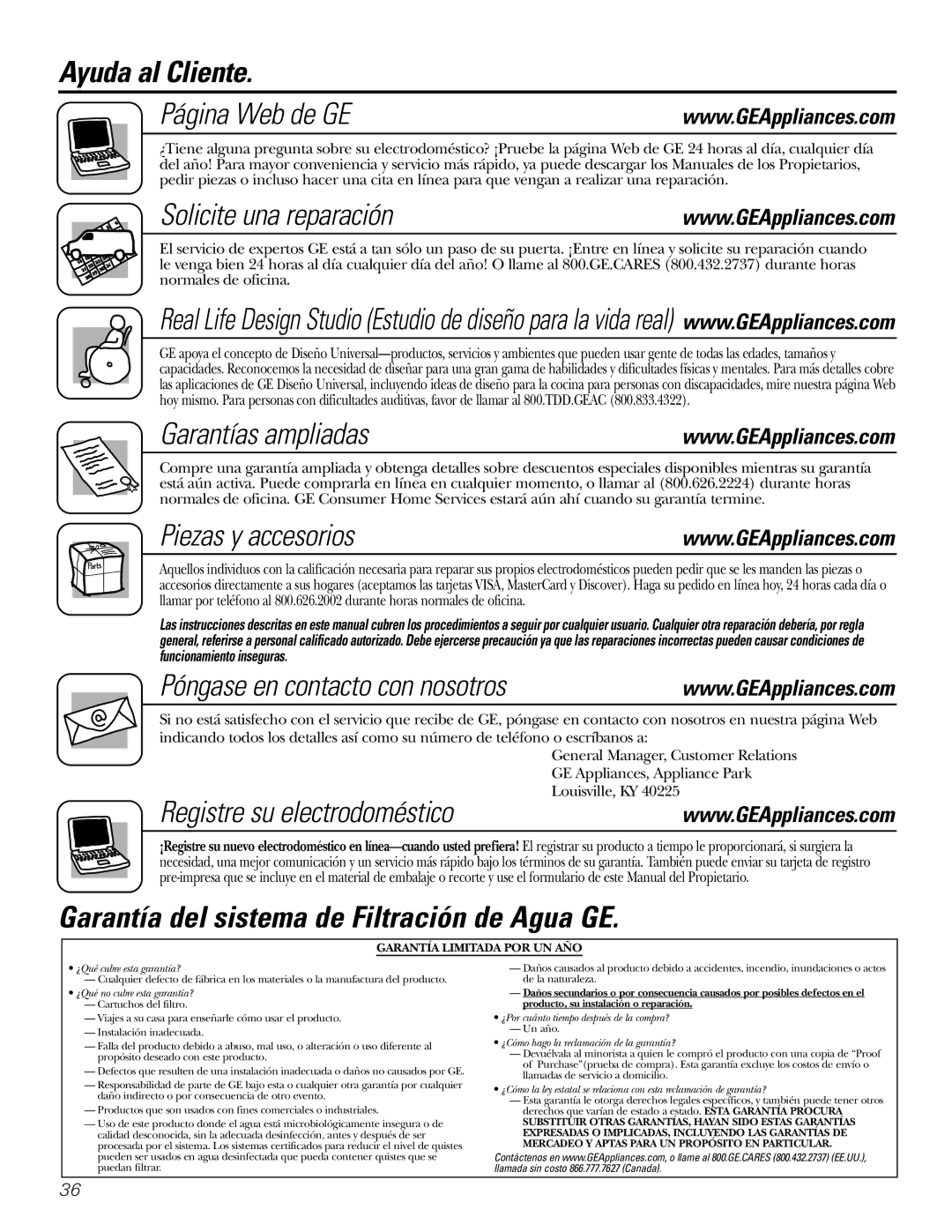 GE 215C1044P010-3 Ayuda al Cliente Página Web de GE, Solicite una reparación, Garantías ampliadas, Piezas y accesorios 