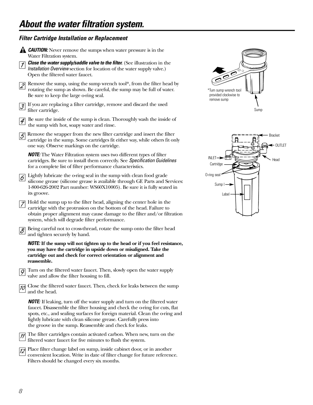 GE 215C1044P010-3 owner manual Filter Cartridge Installation or Replacement, Reassemble 