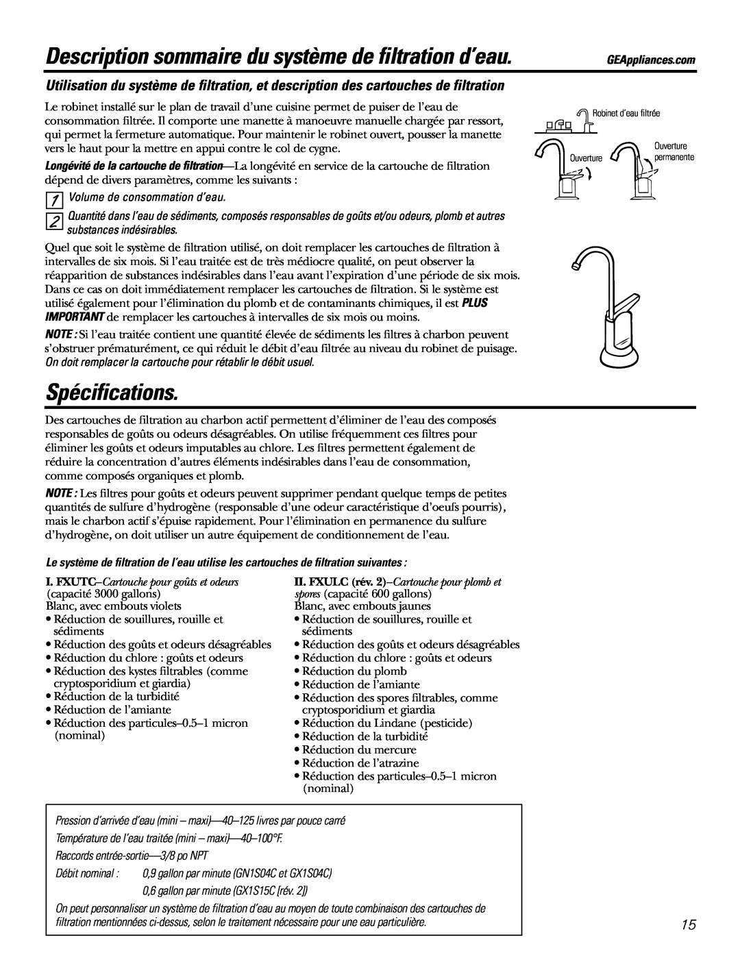 GE 215C1044P010-3 Description sommaire du système de filtration d’eau, Spécifications, Volume de consommation d’eau 