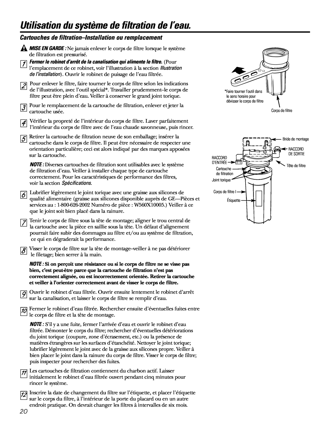 GE 215C1044P010-3 Utilisation du système de filtration de l’eau, Cartouches de filtration-Installation ou remplacement 