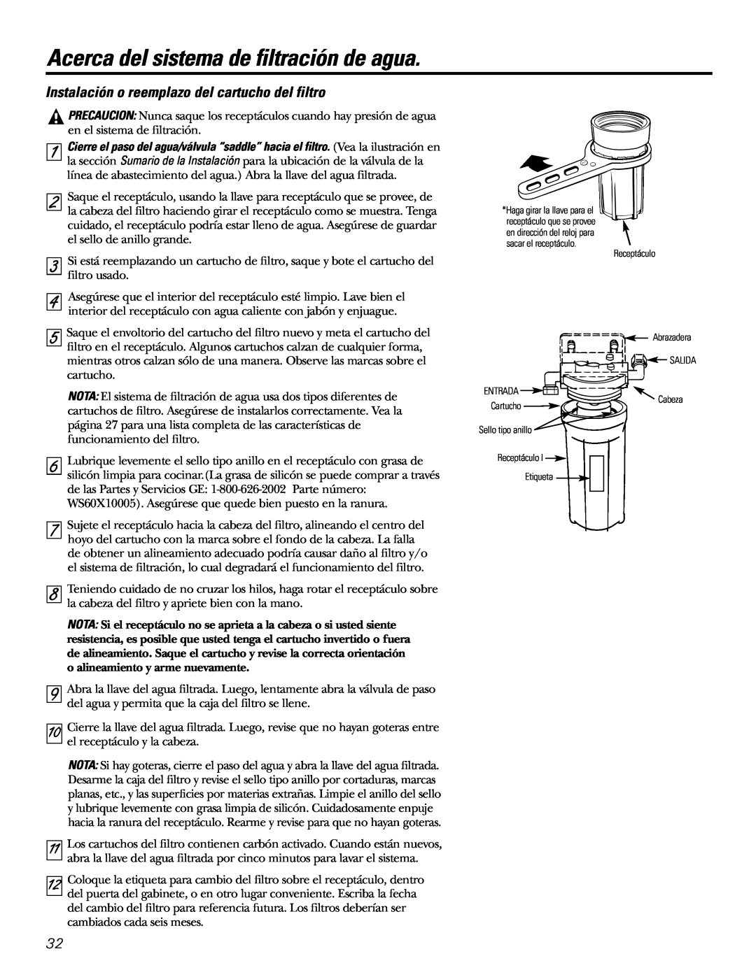 GE 215C1044P010-3 owner manual Instalación o reemplazo del cartucho del filtro, Acerca del sistema de filtración de agua 