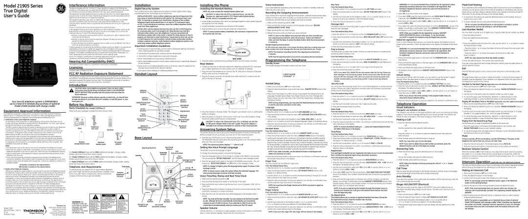 GE 00019279 owner manual Model 21905 Series True Digital User’s Guide 