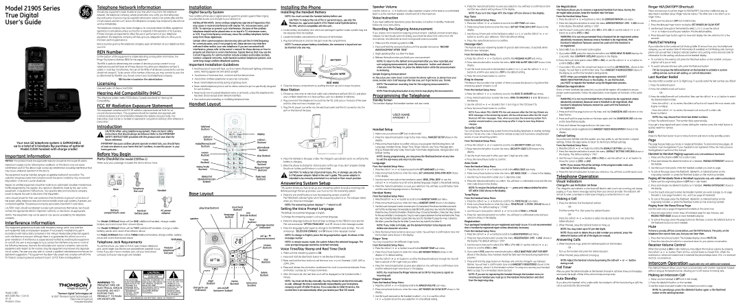 GE 21905 owner manual Telephone Network Information, REN Number, Licensing, Hearing Aid Compatibility HAC, Installation 