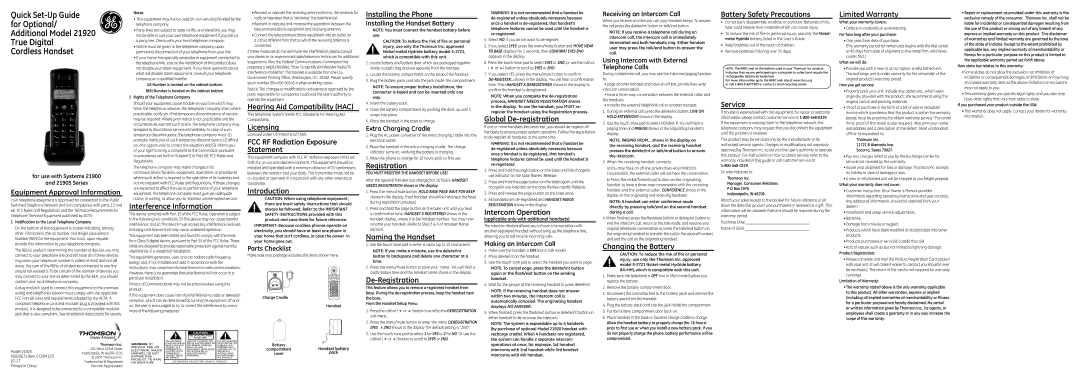 GE 00020672 setup guide Interference Information, Hearing Aid Compatibility HAC, Licensing, Introduction, Registration 