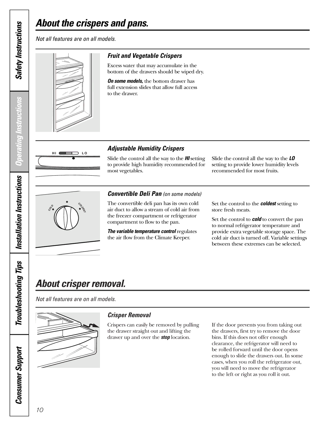 GE 22, 23, 25, 27 installation instructions About the crispers and pans, About crisper removal, Consumer Support 