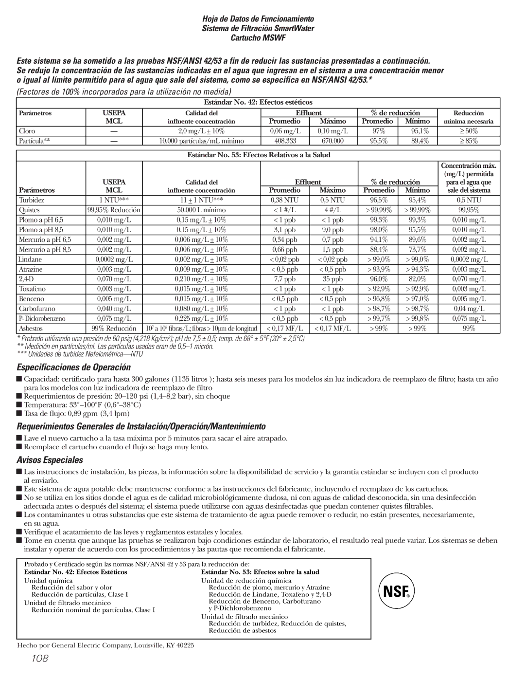 GE 22, 23, 25, 27 installation instructions Especificaciones de Operación, Avisos Especiales 