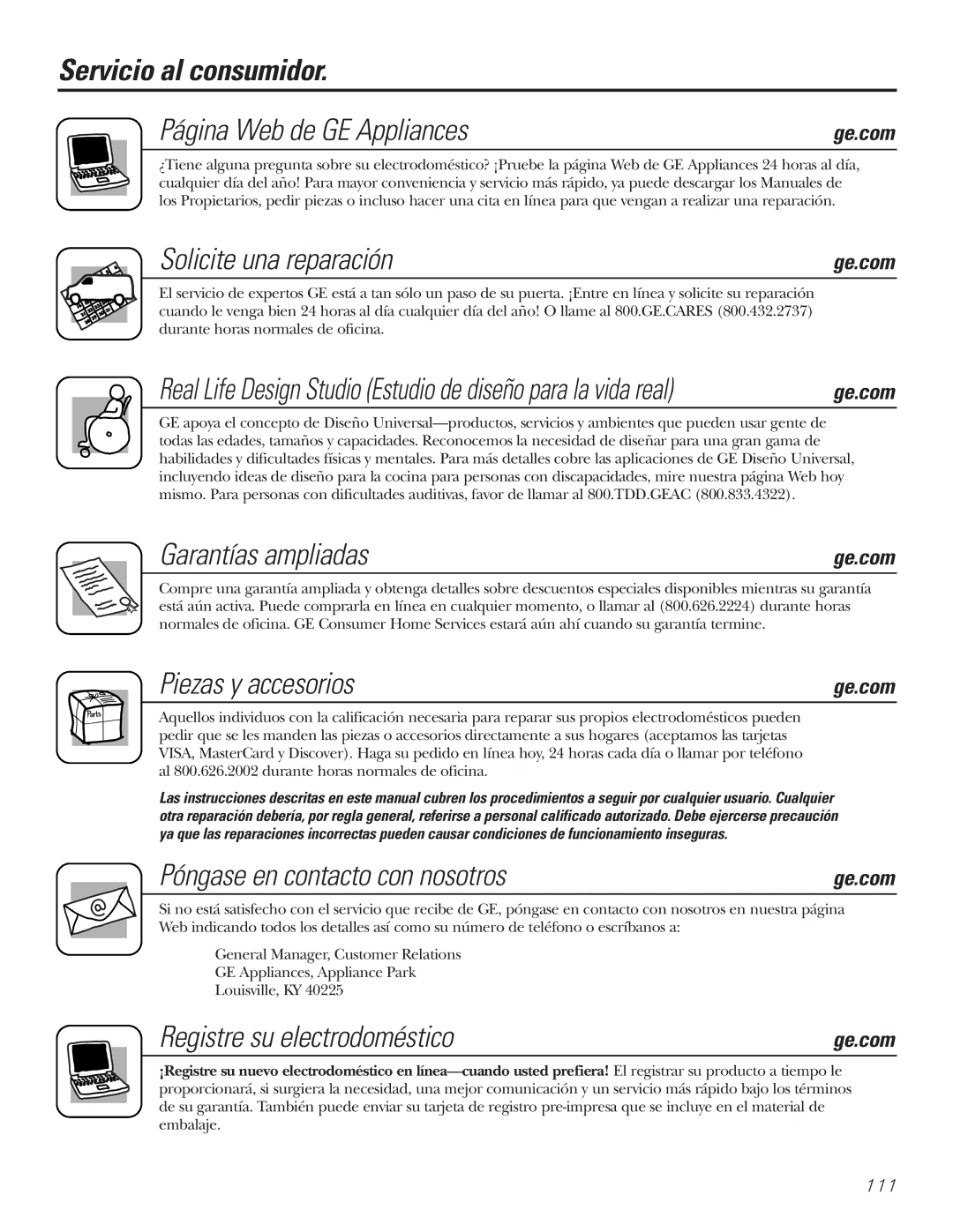 GE 22, 23, 25, 27 Servicio al consumidor Página Web de GE Appliances, Solicite una reparación, Garantías ampliadas 