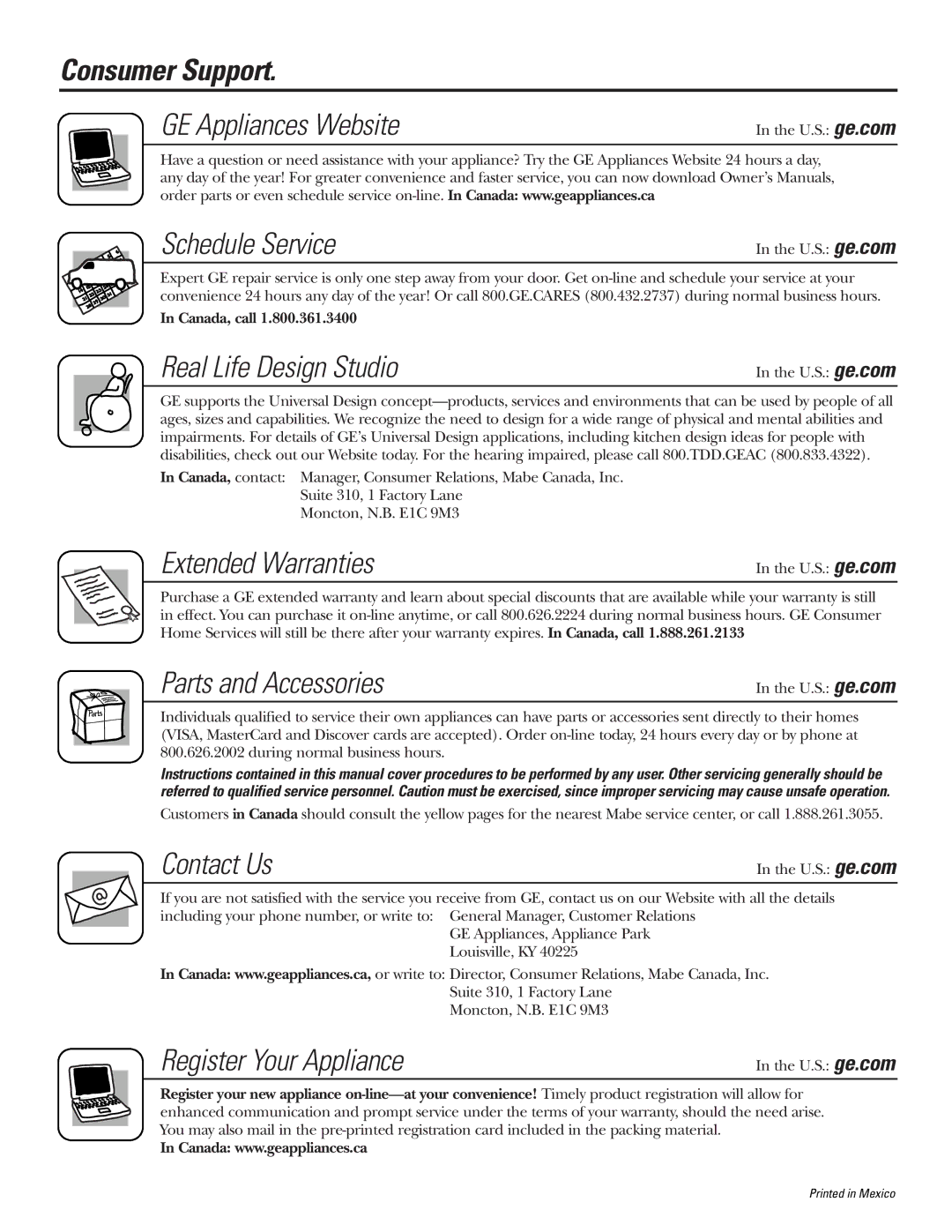 GE 22, 23, 25, 27 installation instructions Consumer Support, Schedule Service 