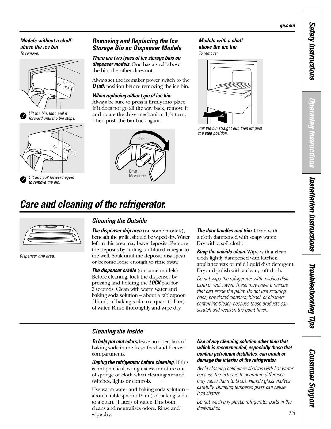 GE 22, 23, 25, 27 Care and cleaning of the refrigerator, Removing and Replacing the Ice, Storage Bin on Dispenser Models 