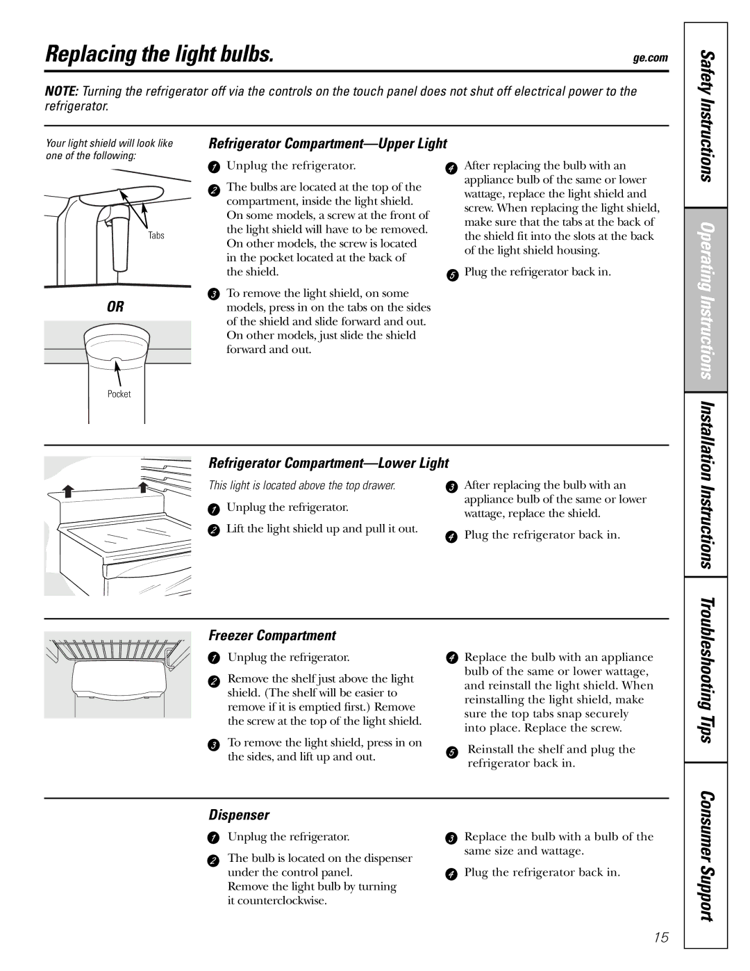 GE 22, 23, 25, 27 Replacing the light bulbs, Refrigerator Compartment-Lower Light, Freezer Compartment, Dispenser 