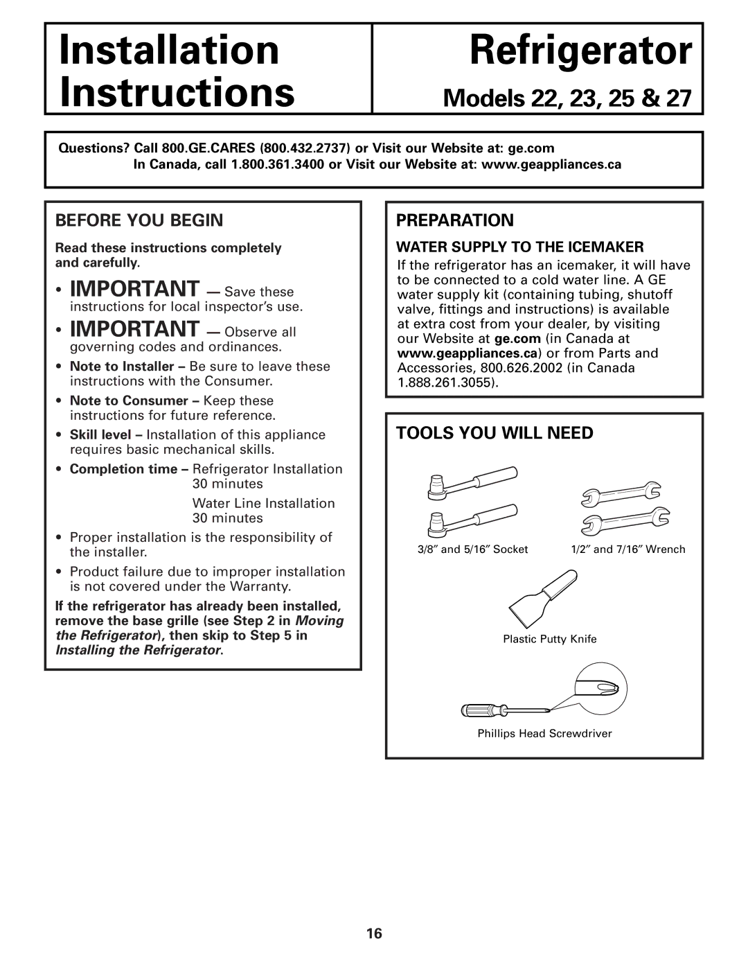 GE 22, 23, 25, 27 installation instructions Before YOU Begin, Preparation, Tools YOU will Need 