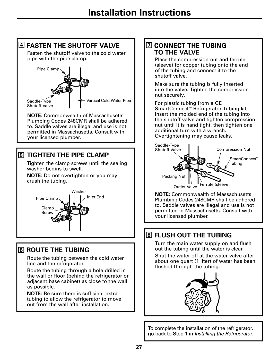 GE 22, 23, 25, 27 Fasten the Shutoff Valve, Connect the Tubing To the Valve, Tighten the Pipe Clamp, Route the Tubing 