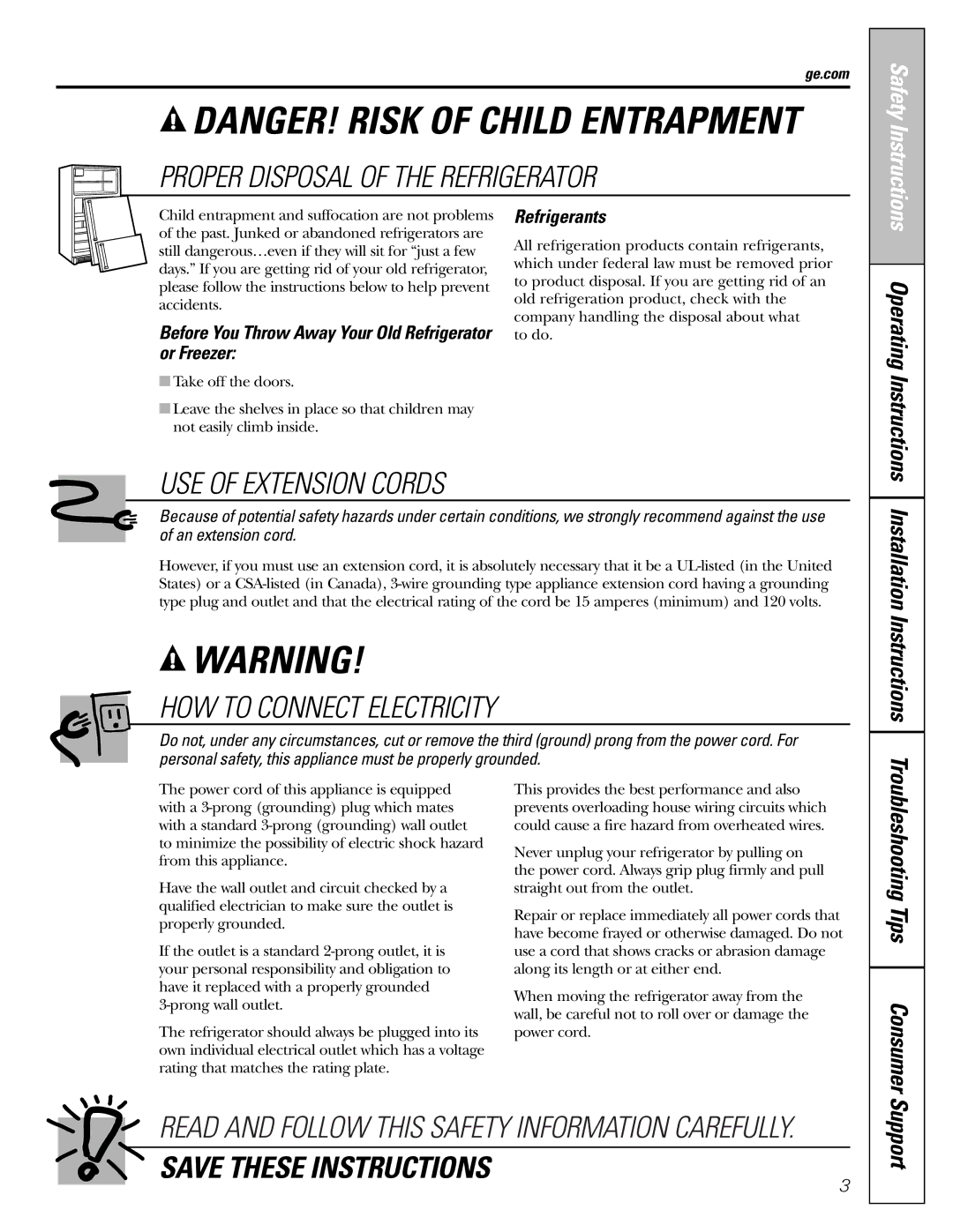 GE 22, 23, 25, 27 Installation Instructions, Support, Before You Throw Away Your Old Refrigerator or Freezer, Refrigerants 