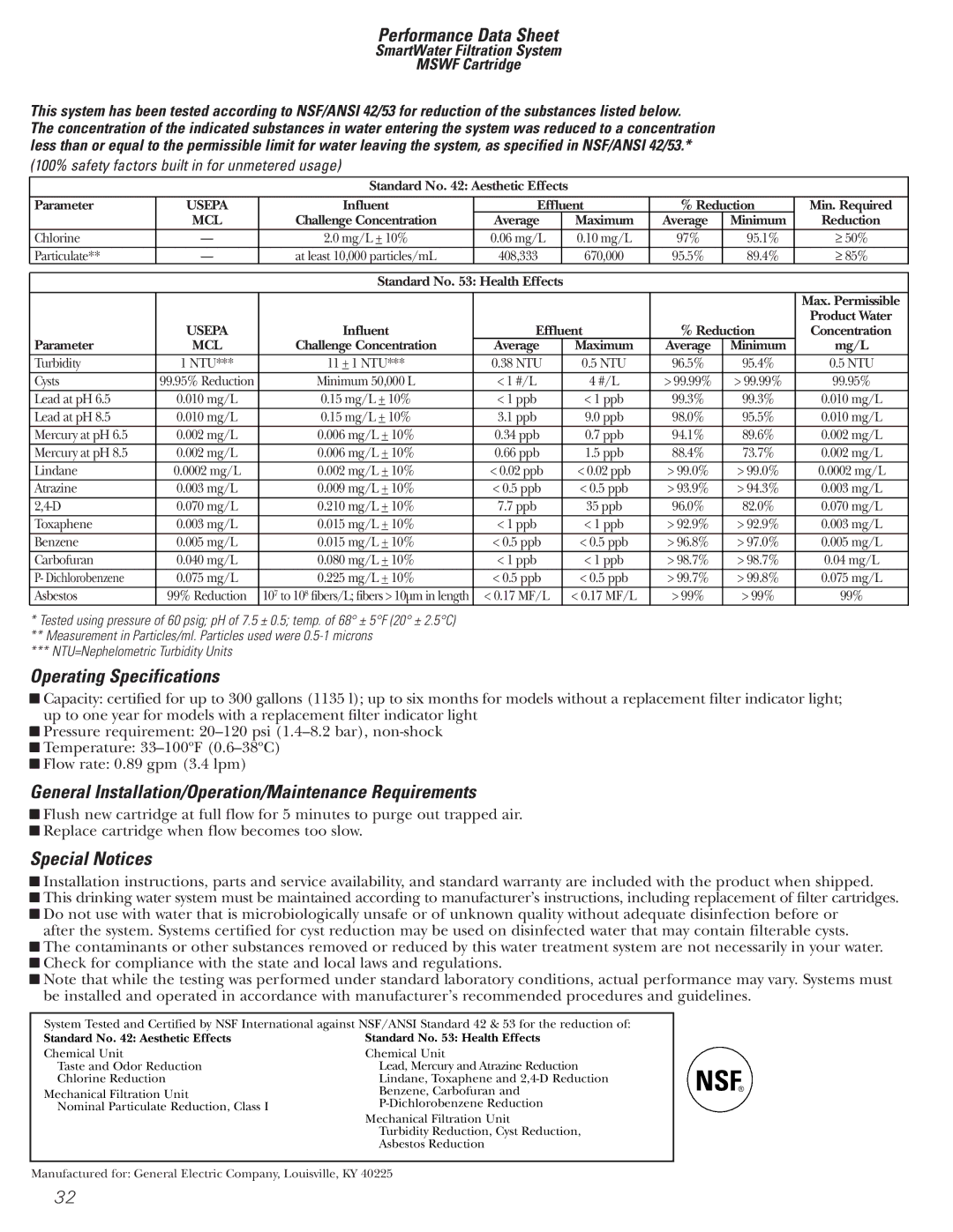 GE 22, 23, 25, 27 installation instructions Performance Data Sheet, Operating Specifications, Special Notices 