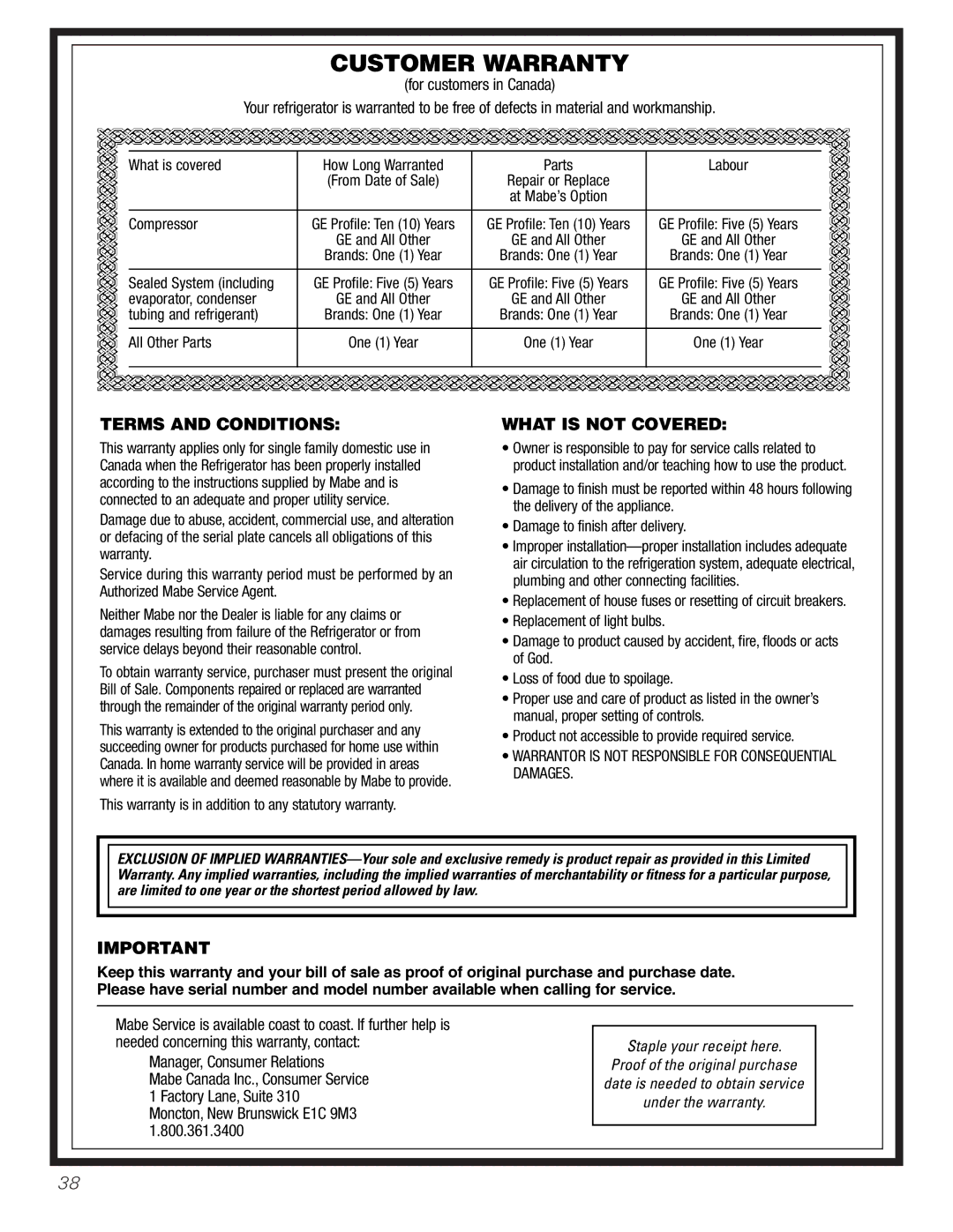 GE 22, 23, 25, 27 installation instructions Customer Warranty 