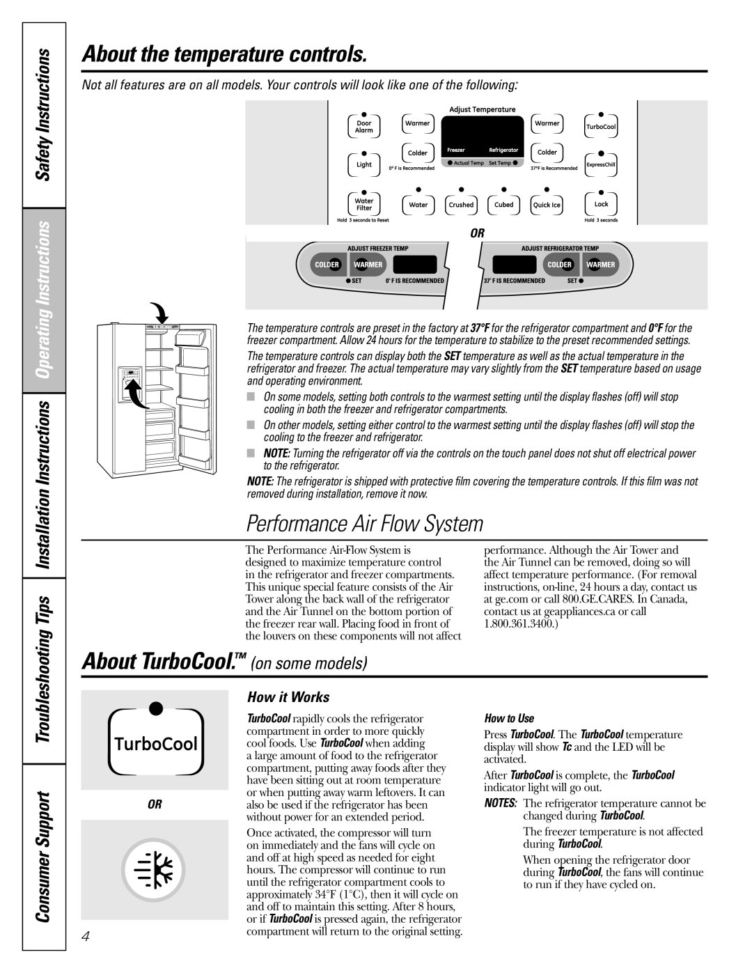 GE 22, 23, 25, 27 About the temperature controls, About TurboCool. on some models, Tips, How it Works 