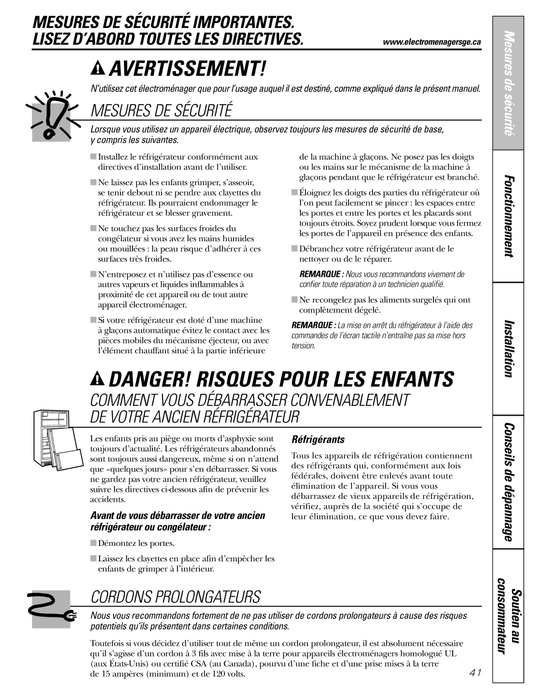 GE 22, 23, 25, 27 installation instructions Consommateur Soutien au, Réfrigérants, Installation 