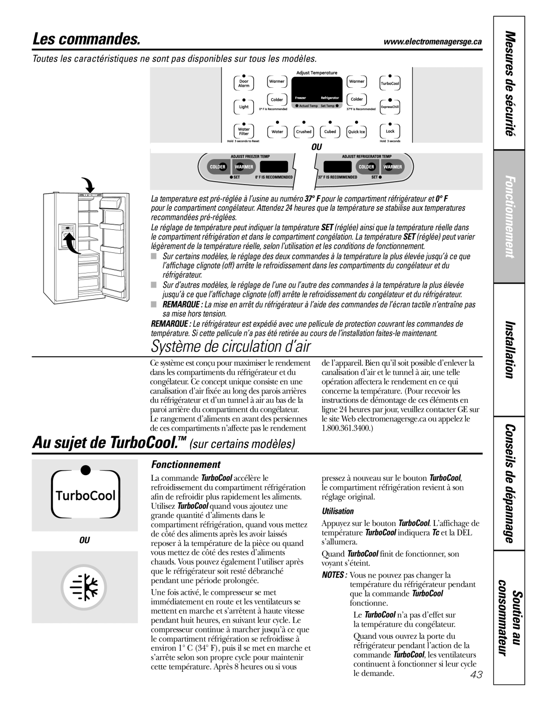 GE 22, 23, 25, 27 Les commandes, Au sujet de TurboCool. sur certains modèles, Mesures de sécurité, Fonctionnement 