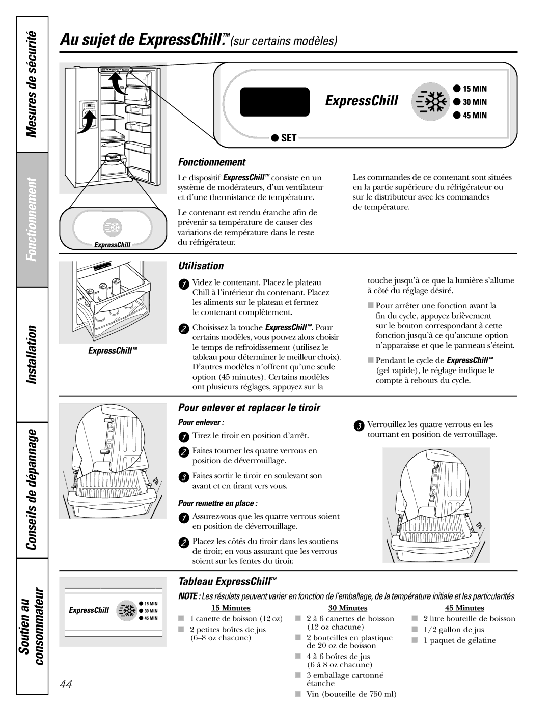 GE 22, 23, 25, 27 Au sujet de ExpressChill.sur certains modèles, Utilisation, Pour enlever et replacer le tiroir 