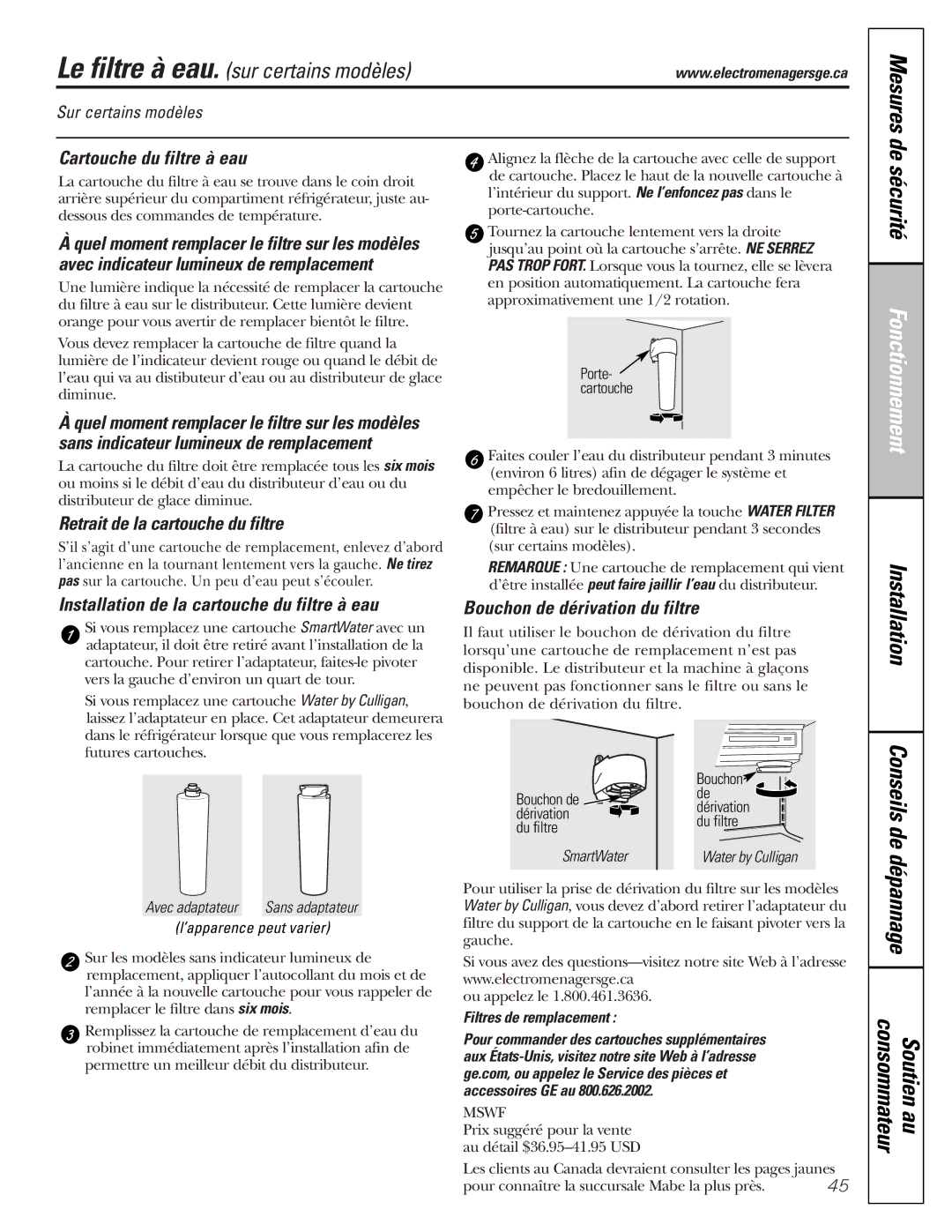 GE 22, 23, 25, 27 installation instructions Sécurité, Installation Conseils de dépannage Consommateur Soutien au 