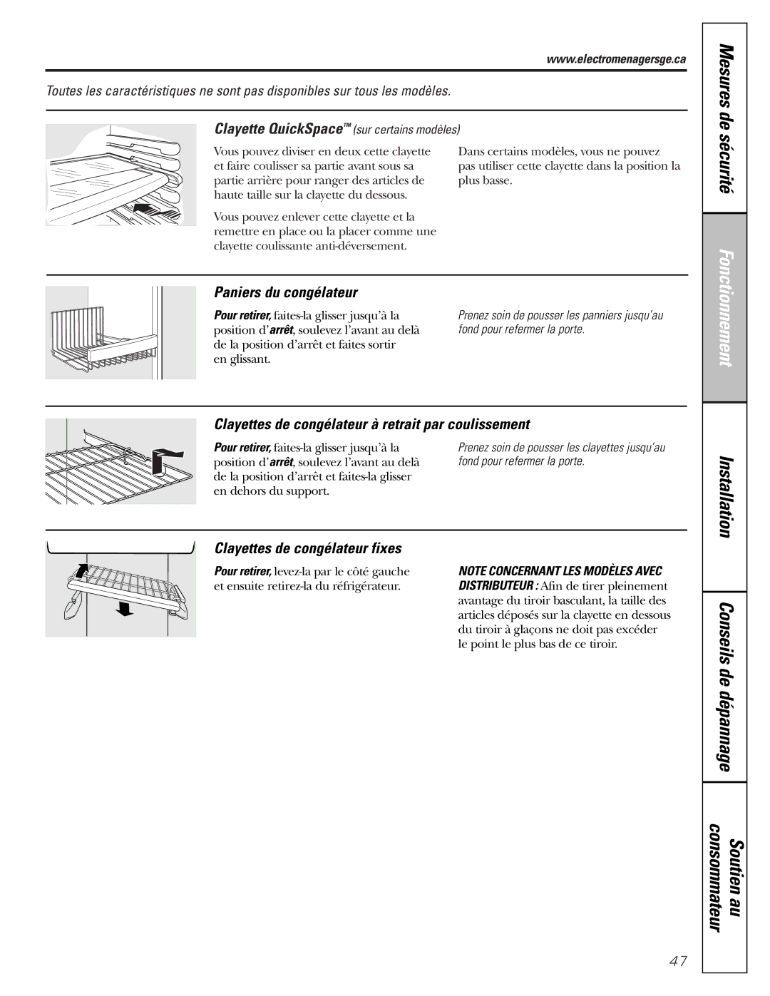 GE 22, 23, 25, 27 Mesures de, Conseils de dépannage Consommateur Soutien au, Paniers du congélateur 