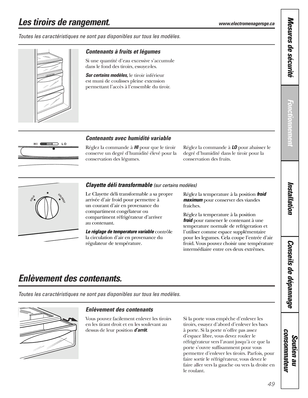 GE 22, 23, 25, 27 installation instructions Les tiroirs de rangement, Enlèvement des contenants 