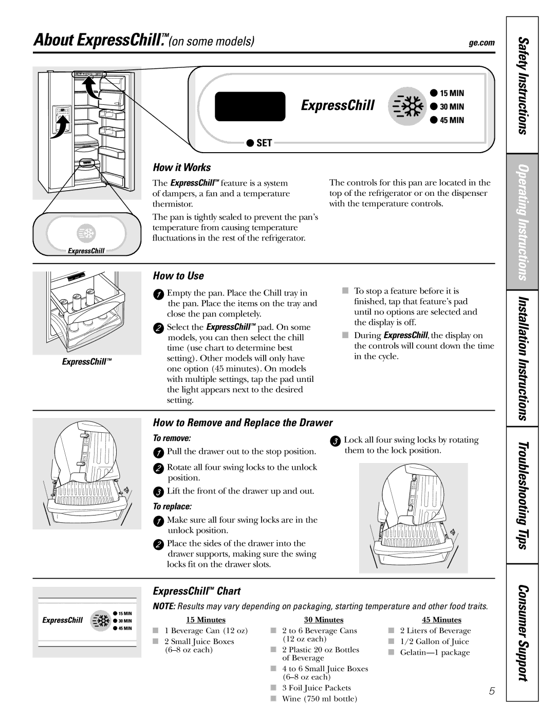 GE 22, 23, 25, 27 installation instructions About ExpressChill.on some models, Safety Instructions, Troubleshooting Tips 