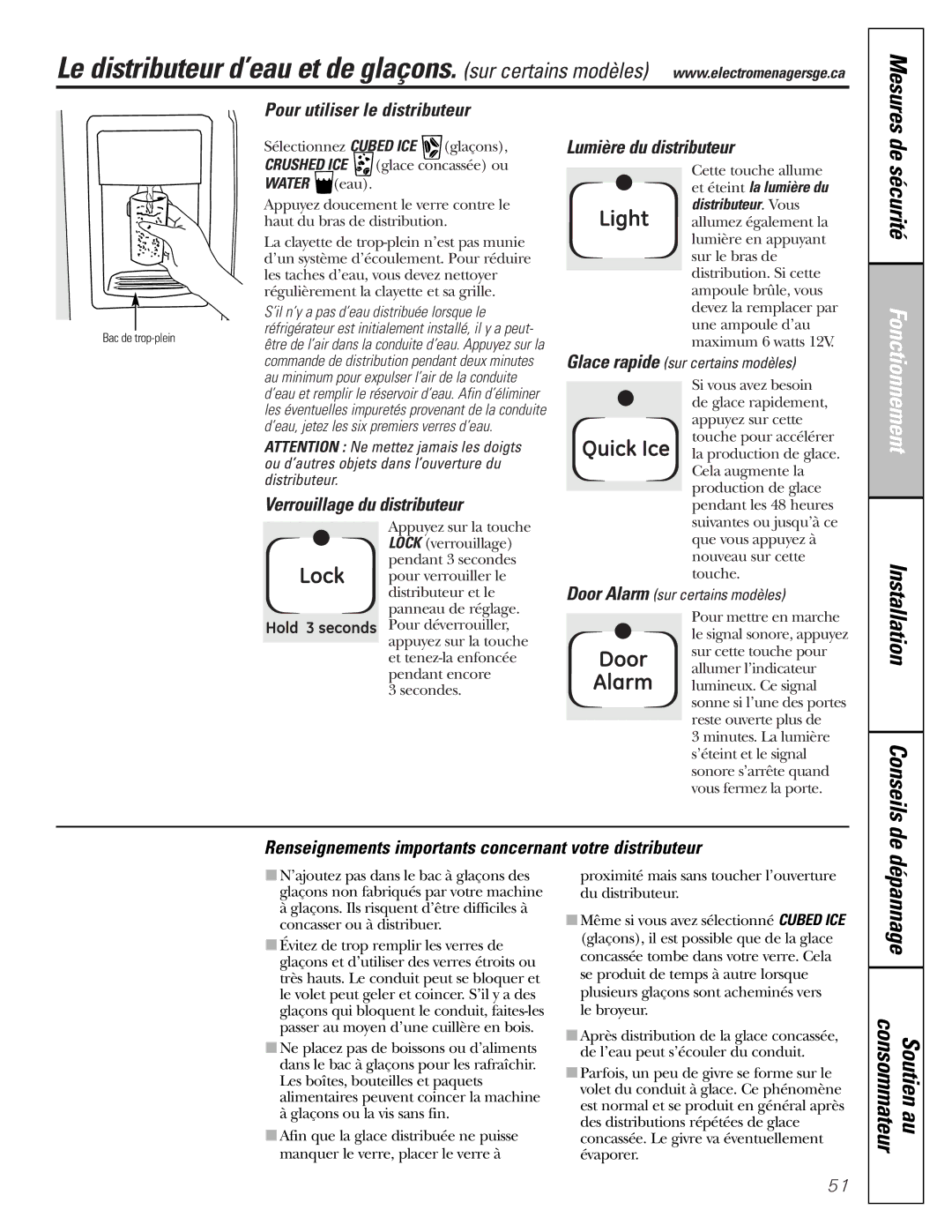 GE 22, 23, 25, 27 Dépannage, Pour utiliser le distributeur, Verrouillage du distributeur, Lumière du distributeur 