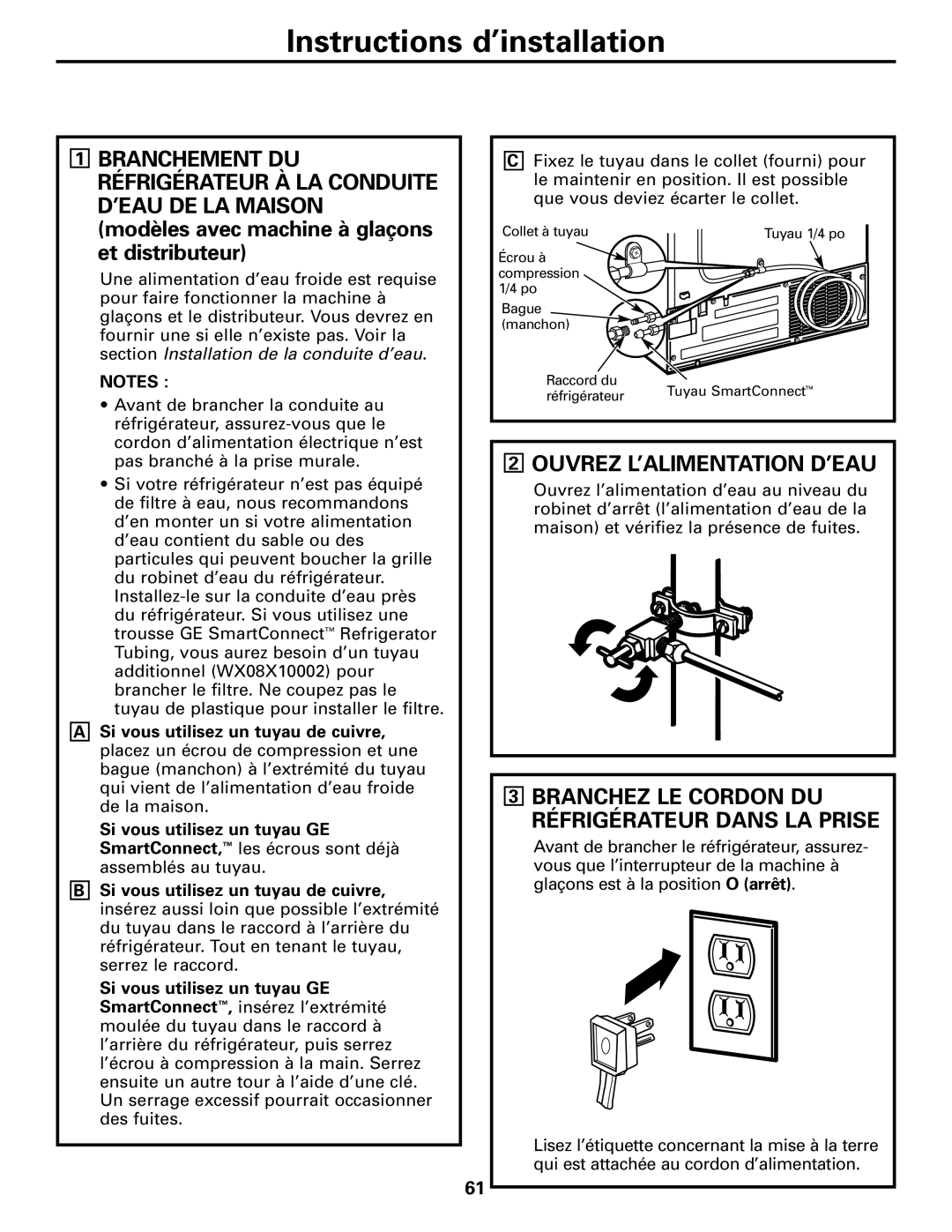 GE 22, 23, 25, 27 installation instructions Ouvrez L’ALIMENTATION D’EAU, Branchez LE Cordon DU Réfrigérateur Dans LA Prise 