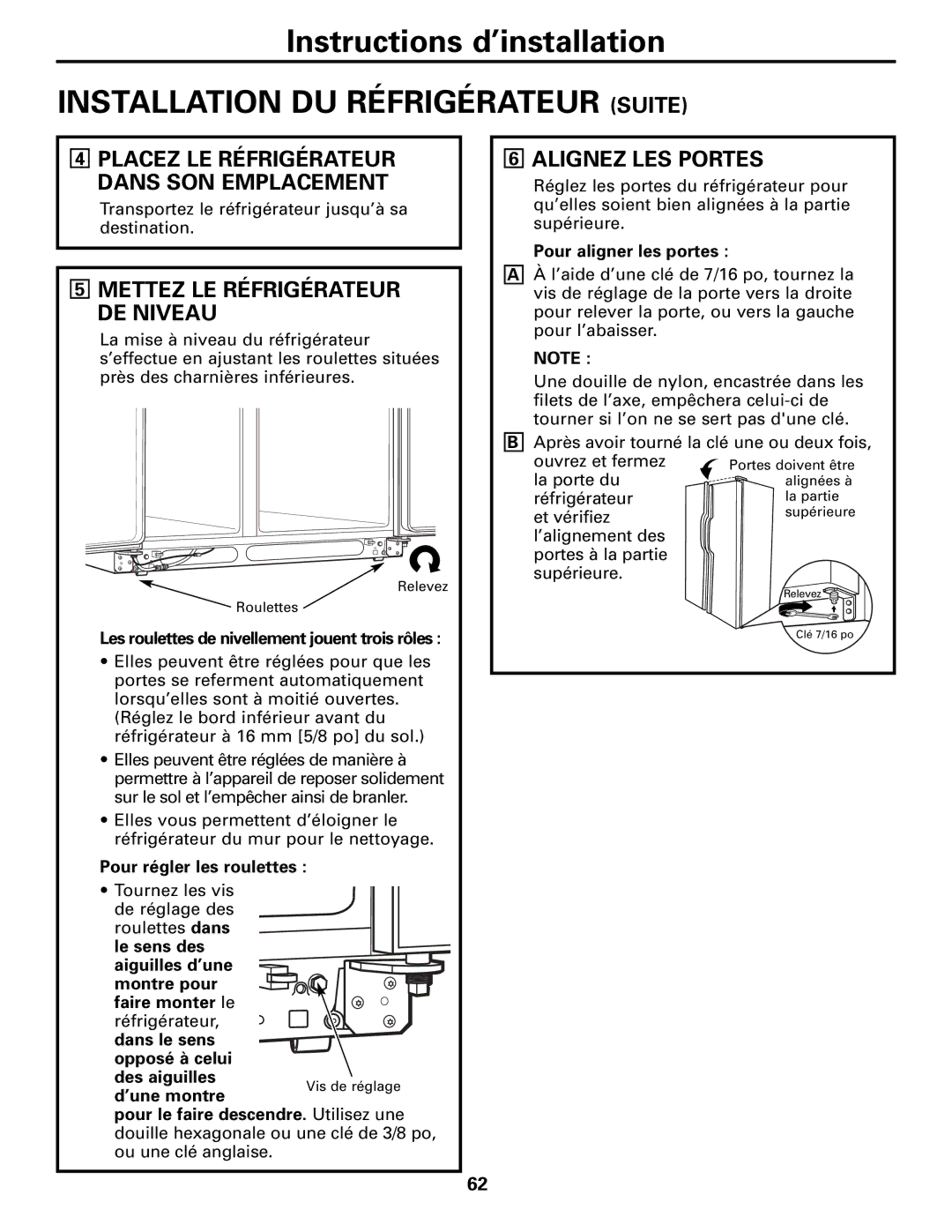 GE 22, 23, 25, 27 installation instructions Installation DU Réfrigérateur Suite, Alignez LES Portes 