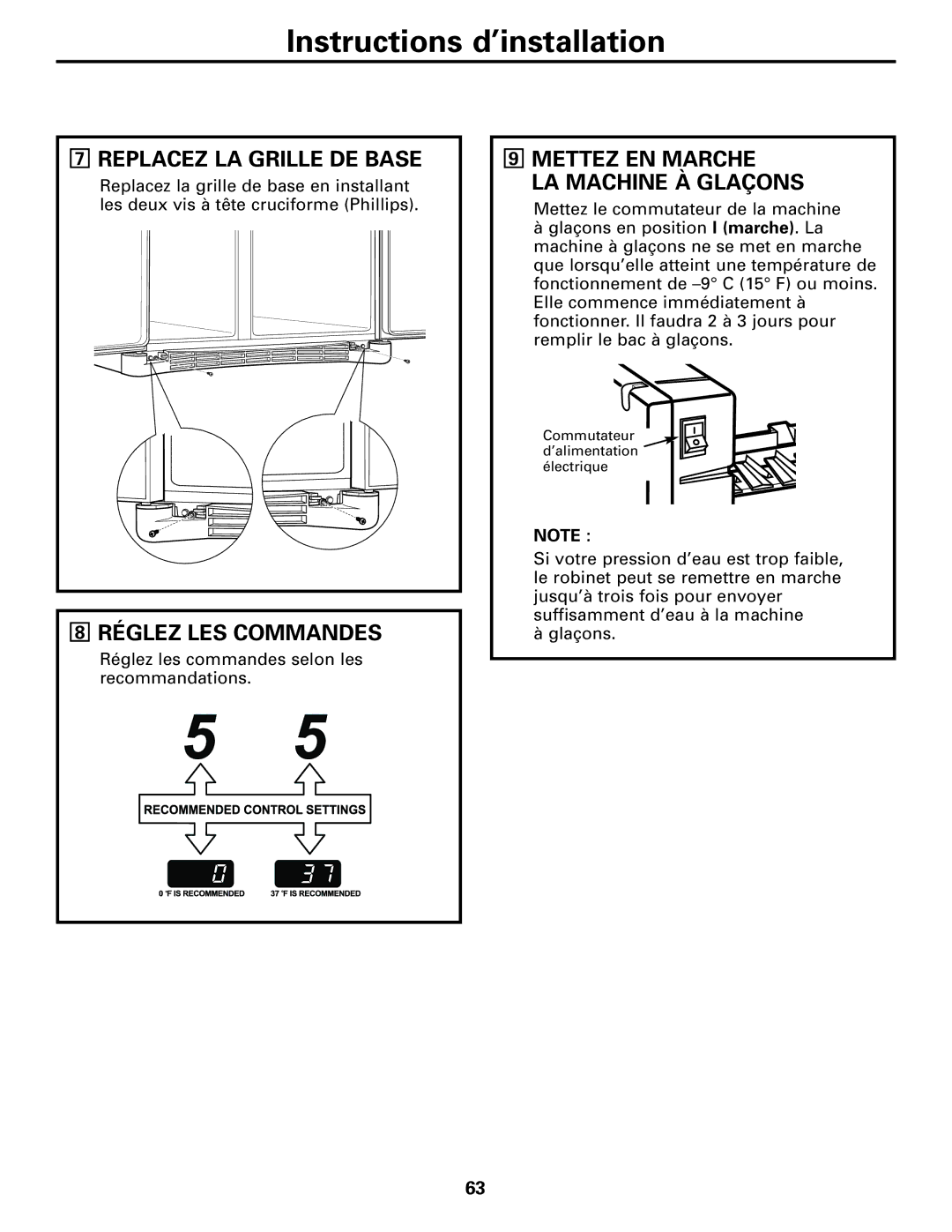 GE 22, 23, 25, 27 Replacez LA Grille DE Base, Réglez LES Commandes, Mettez EN Marche LA Machine À Glaçons 