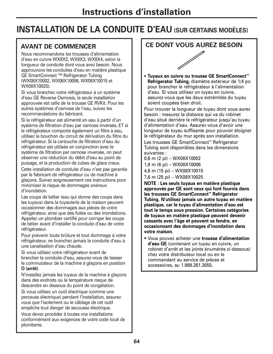 GE 22, 23, 25, 27 Installation DE LA Conduite D’EAU SUR Certains Modèles, CE Dont Vous Aurez Besoin 