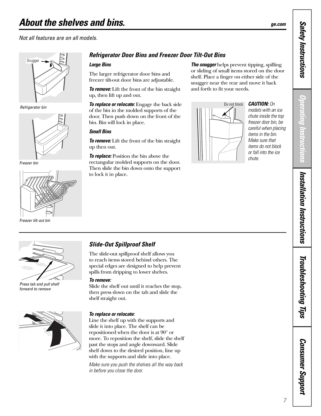 GE 22, 23, 25, 27 About the shelves and bins, Safety, Refrigerator Door Bins and Freezer Door Tilt-Out Bins 