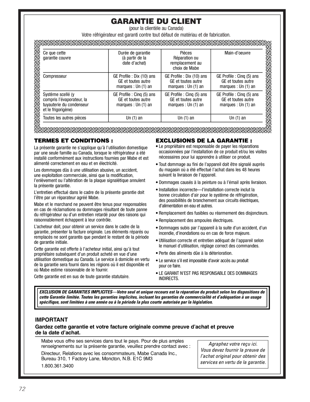 GE 22, 23, 25, 27 installation instructions Garantie DU Client, Agraphez votre reçu ici 