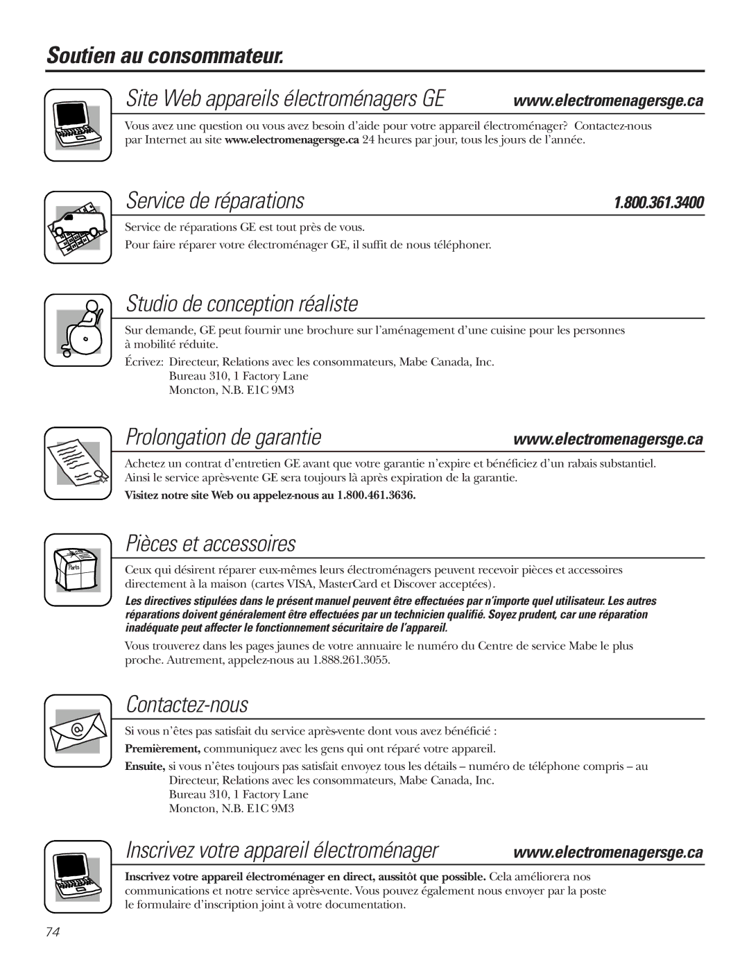 GE 22, 23, 25, 27 installation instructions Soutien au consommateur, Service de réparations, Prolongation de garantie 