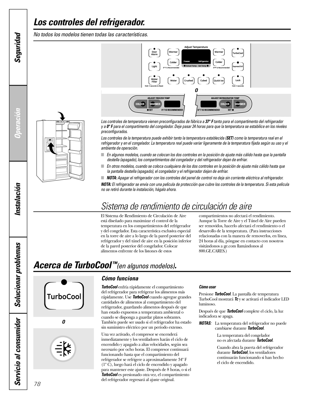 GE 22, 23, 25, 27 Los controles del refrigerador, Acerca de TurboCoolen algunos modelos, Seguridad, Problemas 