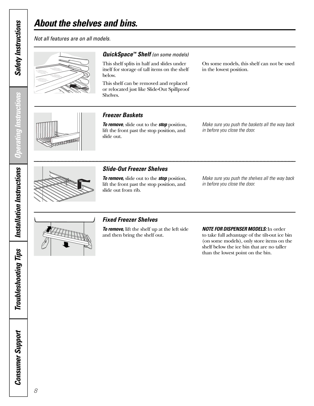 GE 22, 23, 25, 27 Instructions, QuickSpace Shelf on some models, Freezer Baskets, Slide-Out Freezer Shelves 