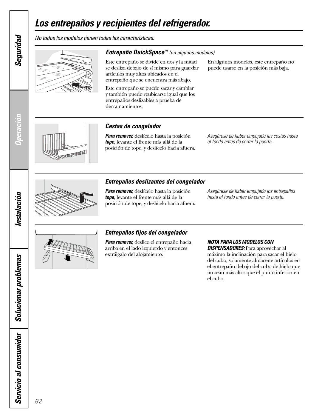 GE 22, 23, 25, 27 Entrepaño QuickSpace en algunos modelos, Cestas de congelador, Entrepaños deslizantes del congelador 