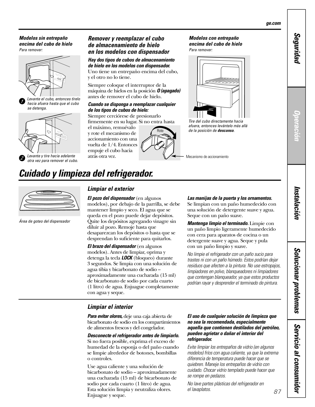 GE 22, 23, 25, 27 Cuidado y limpieza del refrigerador, Limpiar el exterior, Limpiar el interior, El lavaplatos 