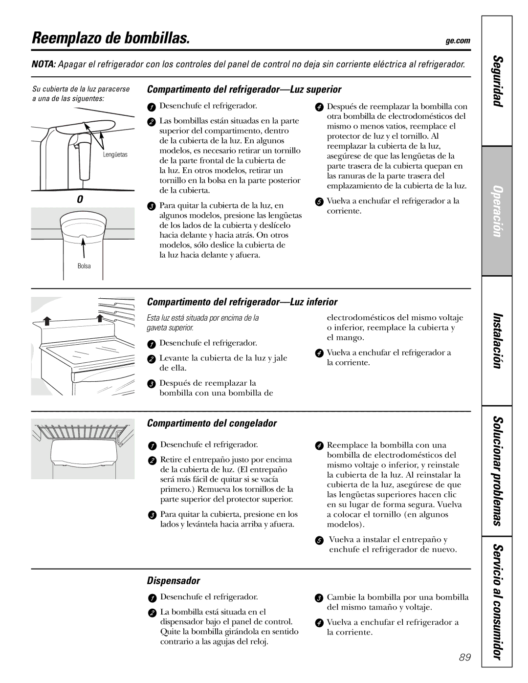 GE 22, 23, 25, 27 installation instructions Reemplazo de bombillas, Al consumidor 