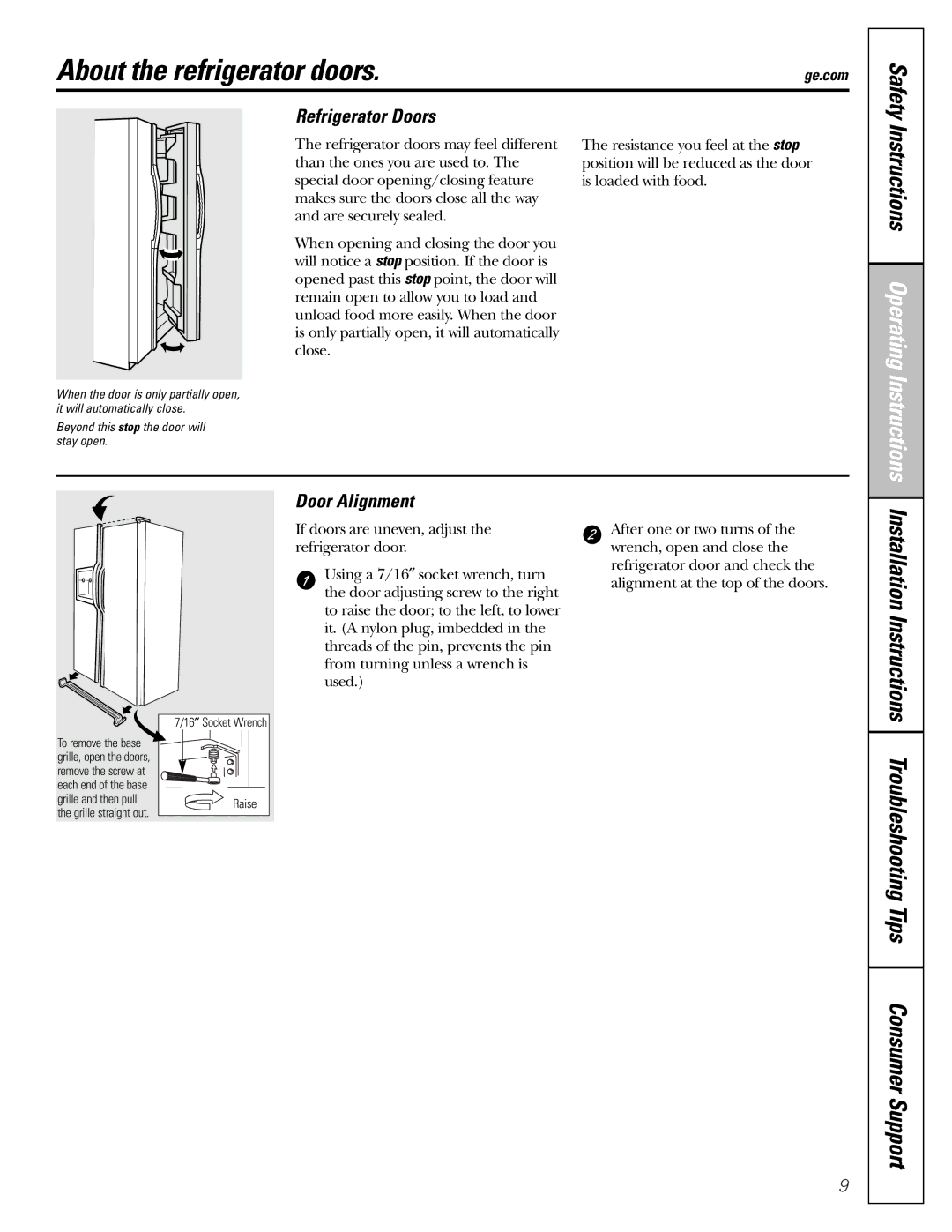 GE 22, 23, 25, 27 installation instructions About the refrigerator doors, Refrigerator Doors, Door Alignment, Safety 