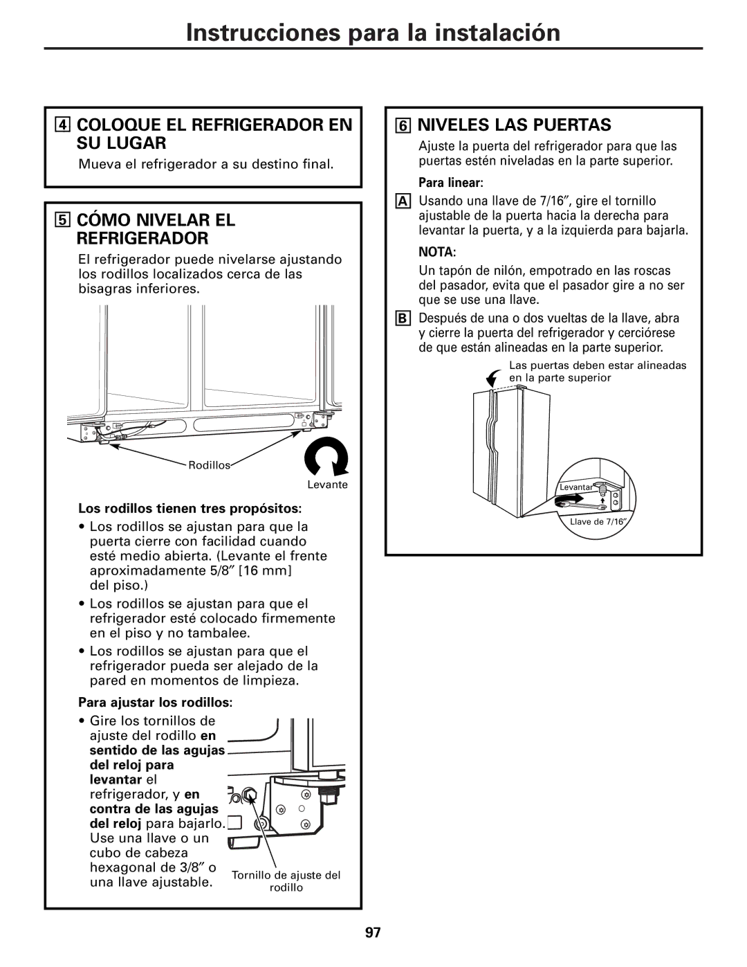 GE 22, 23, 25, 27 Coloque EL Refrigerador EN SU Lugar, Cómo Nivelar EL Refrigerador, Niveles LAS Puertas 