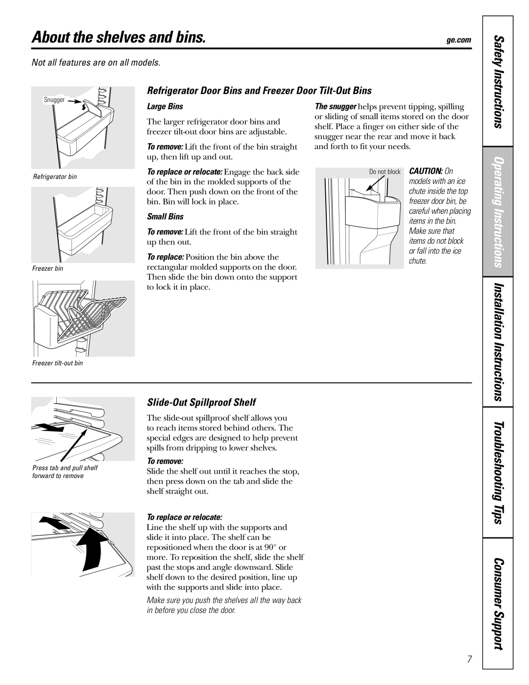 GE 22, 23, 25, 27 installation instructions About the shelves and bins, Safety, Slide-OutSpillproof Shelf 