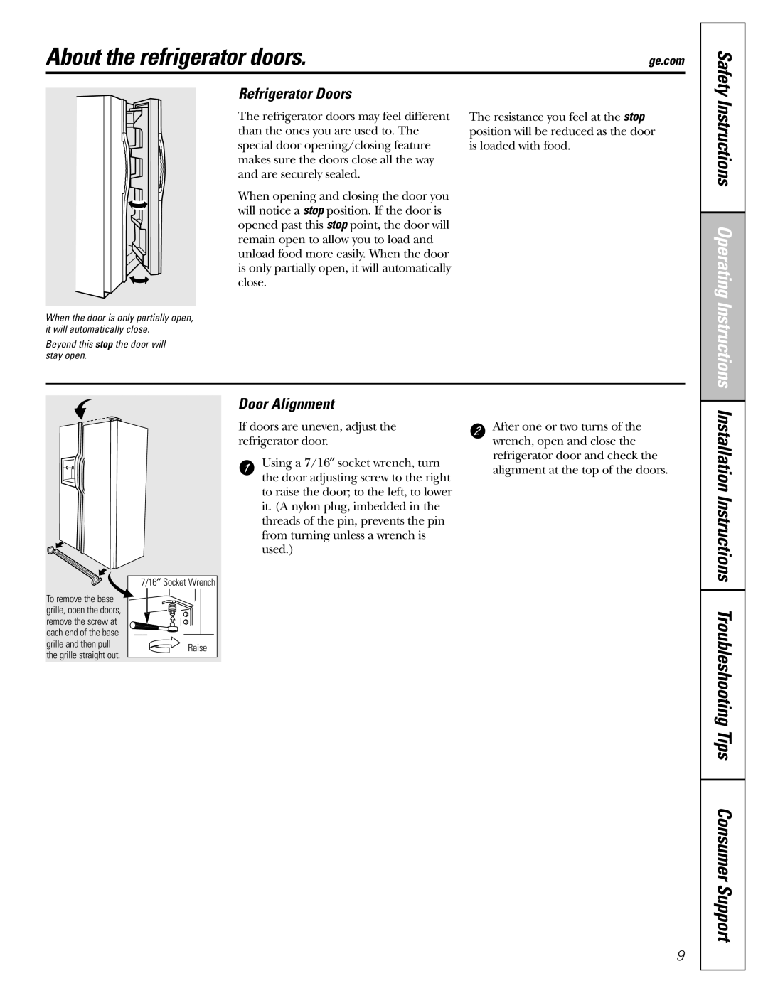 GE 22, 23, 25, 27 About the refrigerator doors, Instructions Operating Instructions, Refrigerator Doors, Door Alignment 