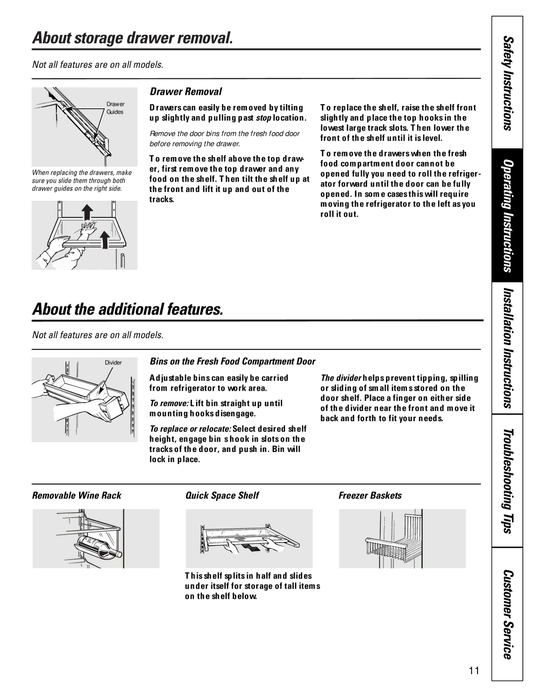 GE 22-27 owner manual About storage drawer removal, About the additional features, Drawer Removal, Installation 