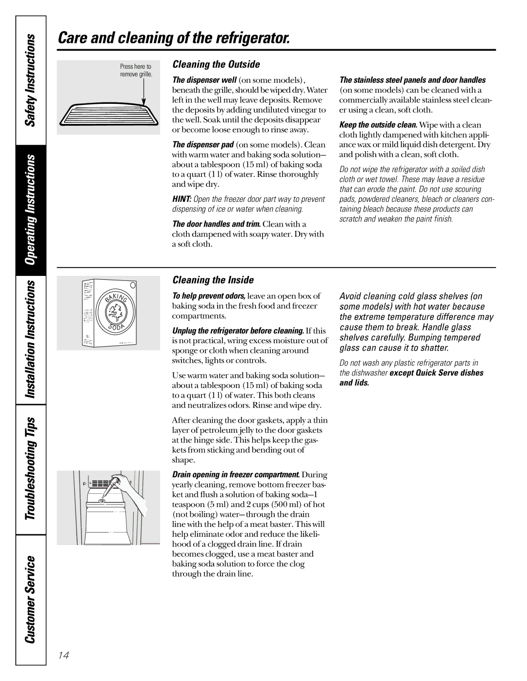 GE 22-27 owner manual Care and cleaning of the refrigerator, Cleaning the Outside, Cleaning the Inside 