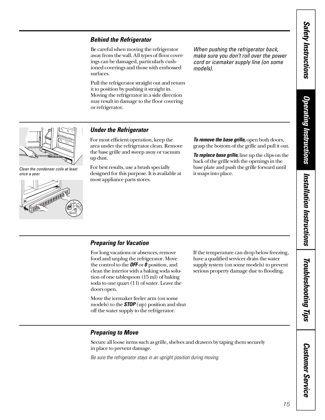 GE 22-27 Instructions Installation Instructions, Behind the Refrigerator, Under the Refrigerator, Preparing for Vacation 